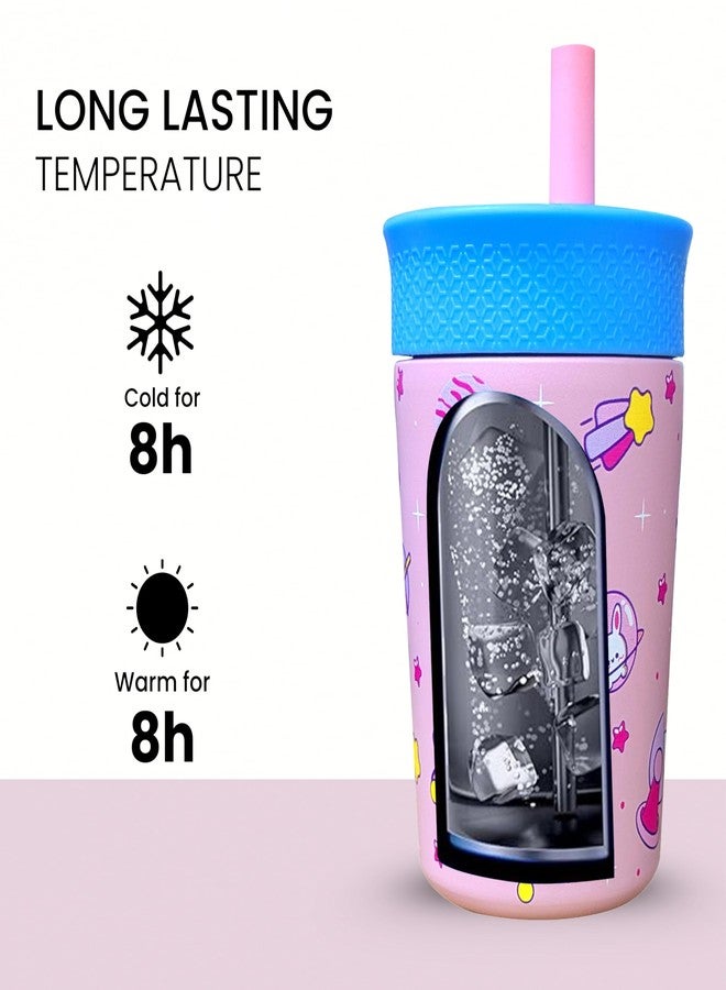 ONE AND ONLY كوب ONE AND ONLY مع غطاء ماصة، قارورة معزولة بتفريغ الهواء ثلاثية الطبقات، زجاجة ماء ساخنة وباردة، مصنوعة من الفولاذ المقاوم للصدأ والسيليكون، زجاجة ماء مانعة للتسرب للأطفال، سعة 350 مل (وردي) - Image 3